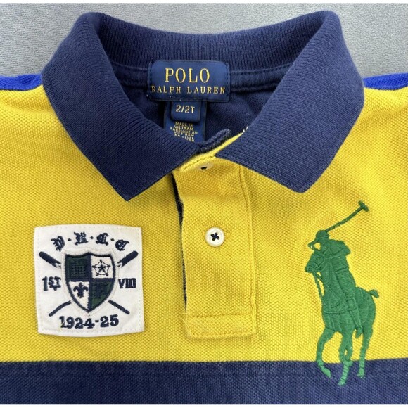 Polo Ralph Lauren Shirt Boys 2T Navy Yellow Colorblock Big Pony Crest Rugby Polo - Picture 3 of 9